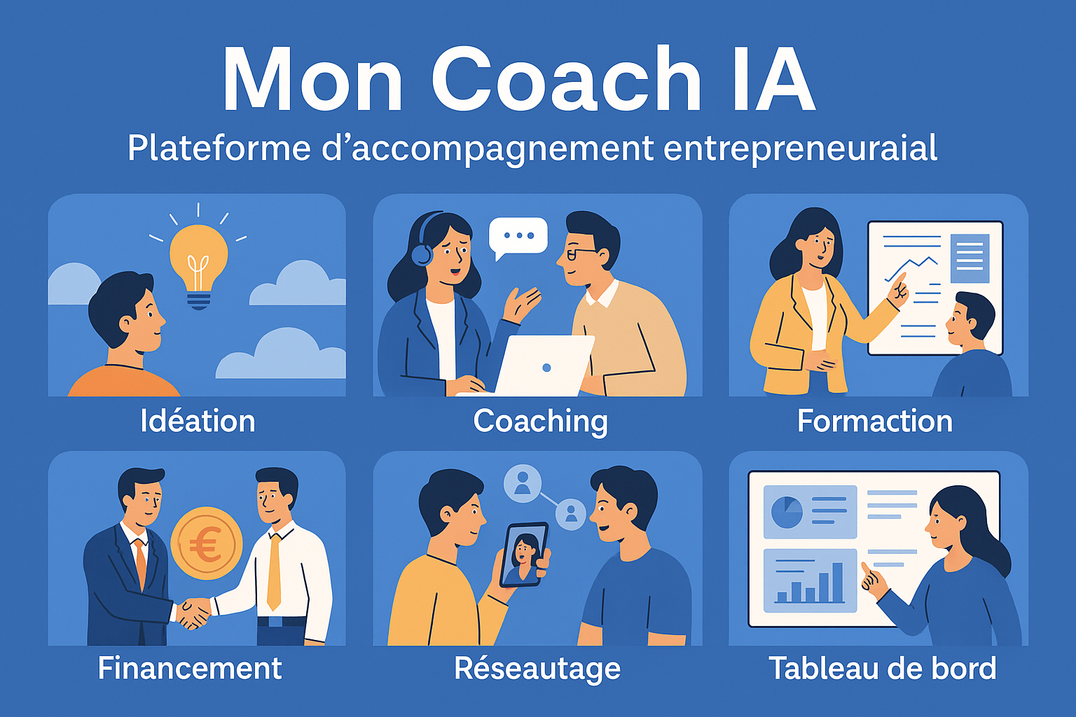 Illustration d’une plateforme IA de coaching et accompagnement pour entrepreneurs